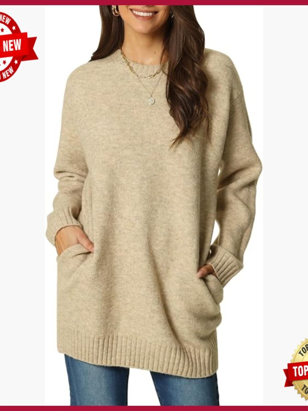 Oversized Crewneck Sweater with Pockets Long Sleeve Loose Fit Tunic Top Cozy